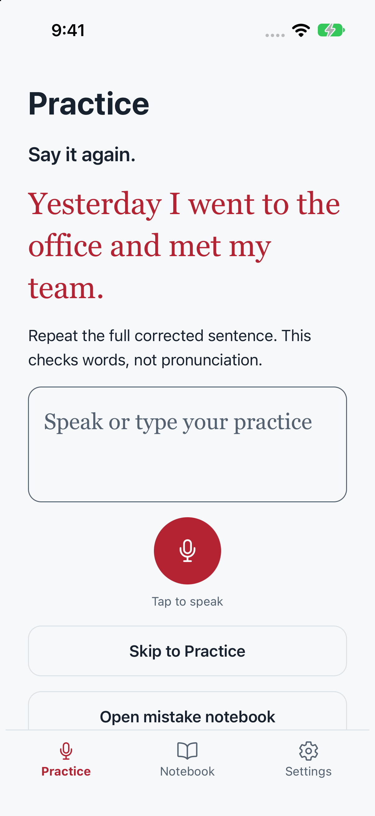 Redpen drill screen for repeating a corrected sentence.