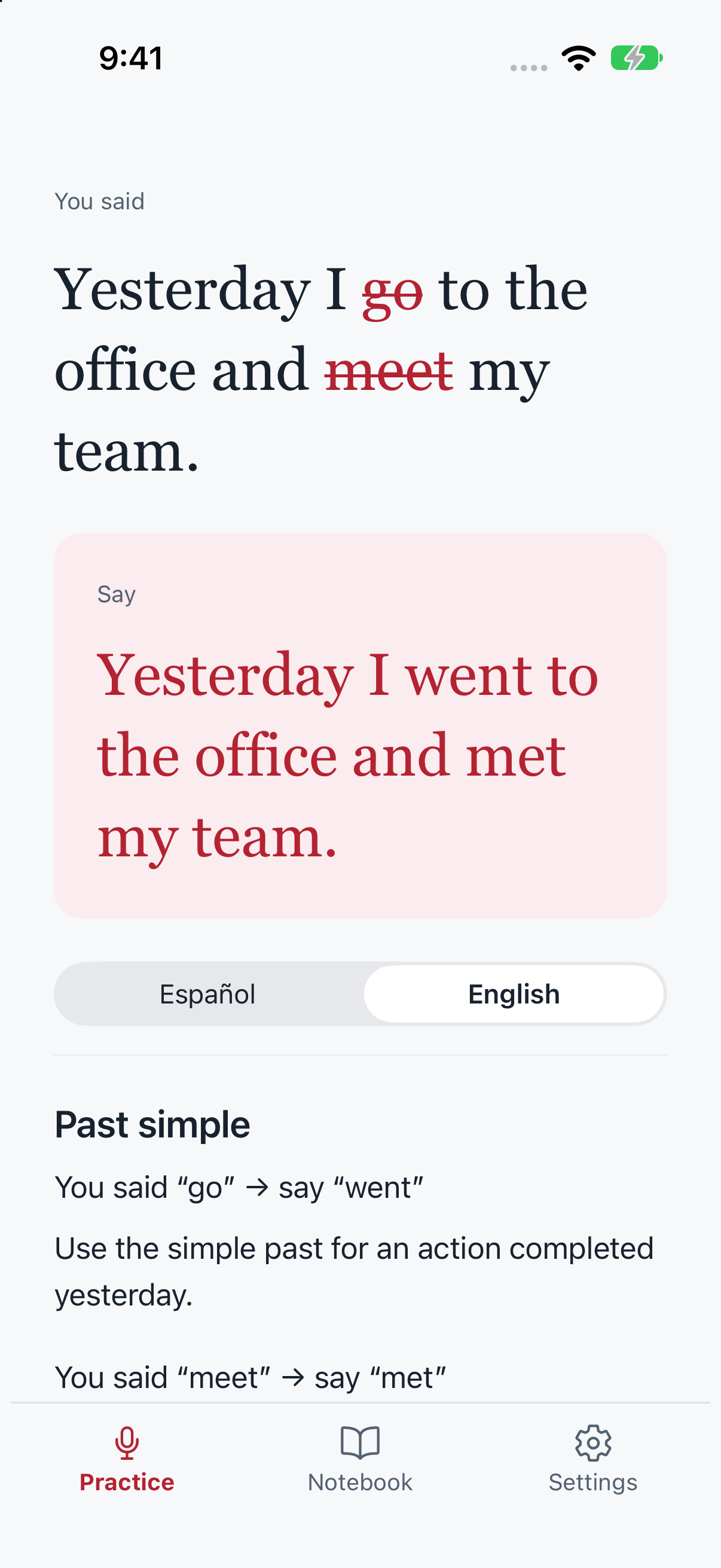 Redpen review screen showing red grammar corrections and the Past simple explanation.